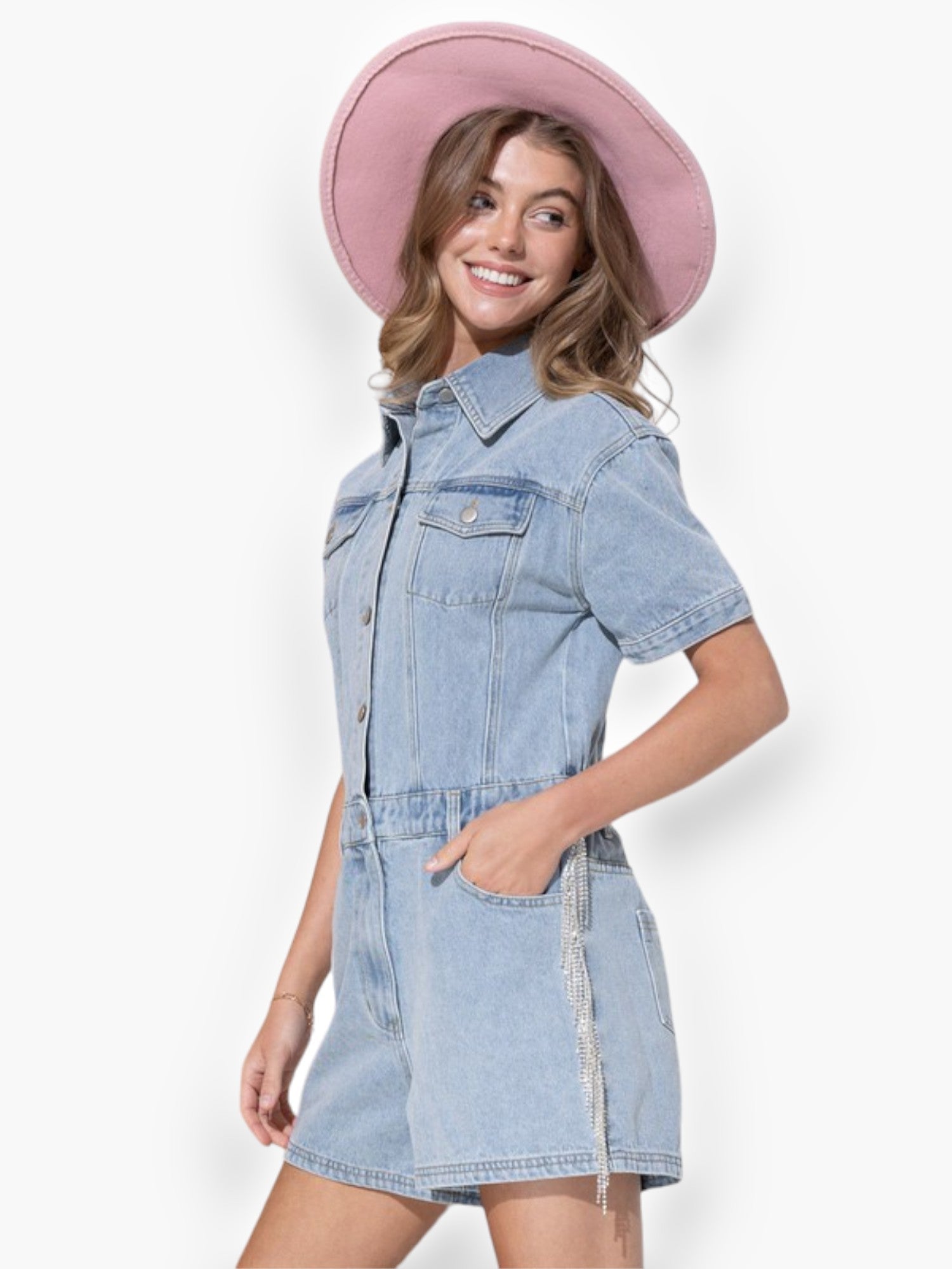 Jolene Rhinestone Fringe Denim Romper-Onesies-Blue B-L. Mae Boutique & Wild Mabel Clothing