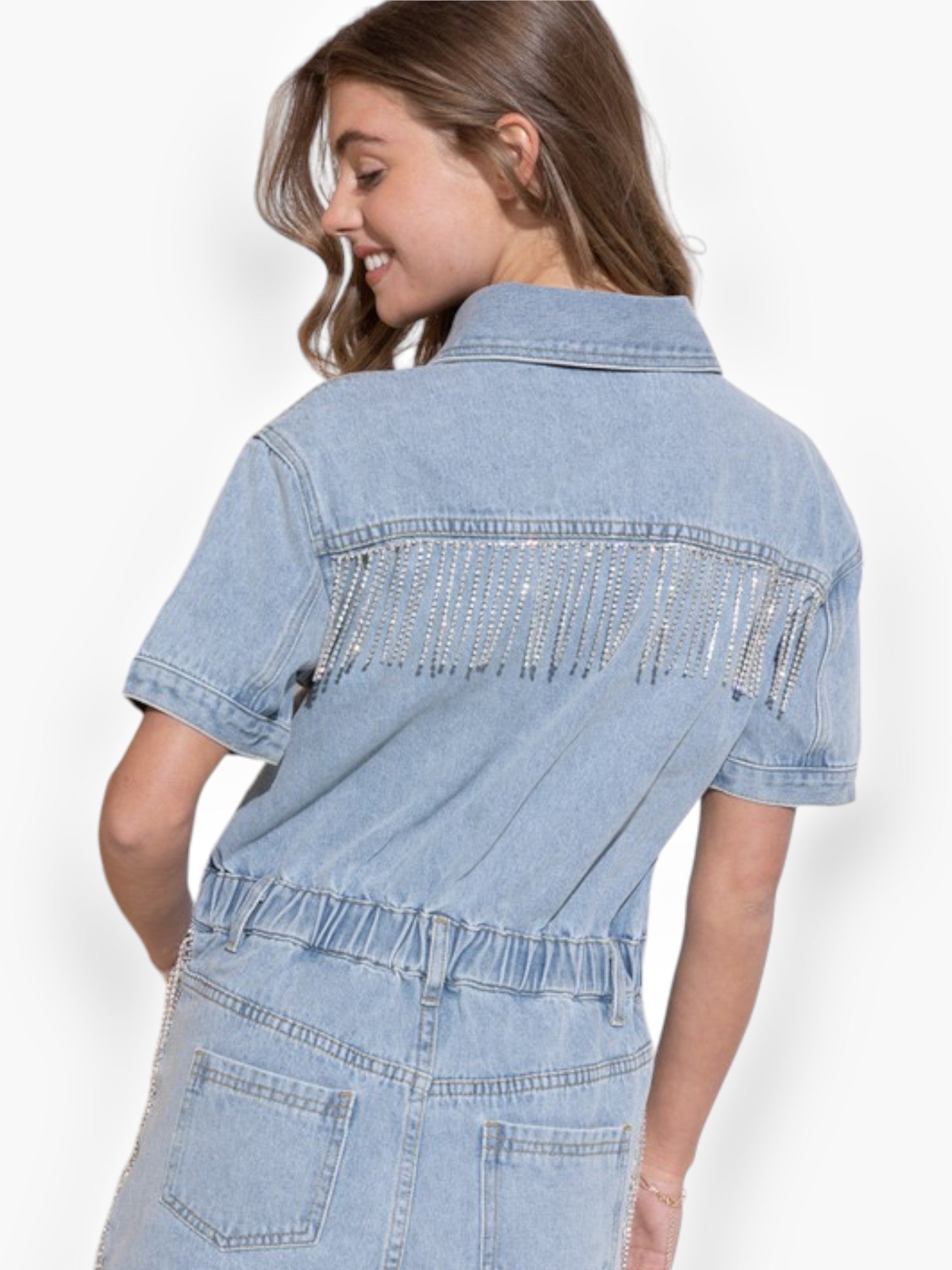 Jolene Rhinestone Fringe Denim Romper-Onesies-Blue B-L. Mae Boutique & Wild Mabel Clothing