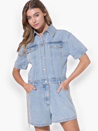 Jolene Rhinestone Fringe Denim Romper-Onesies-Blue B-L. Mae Boutique & Wild Mabel Clothing