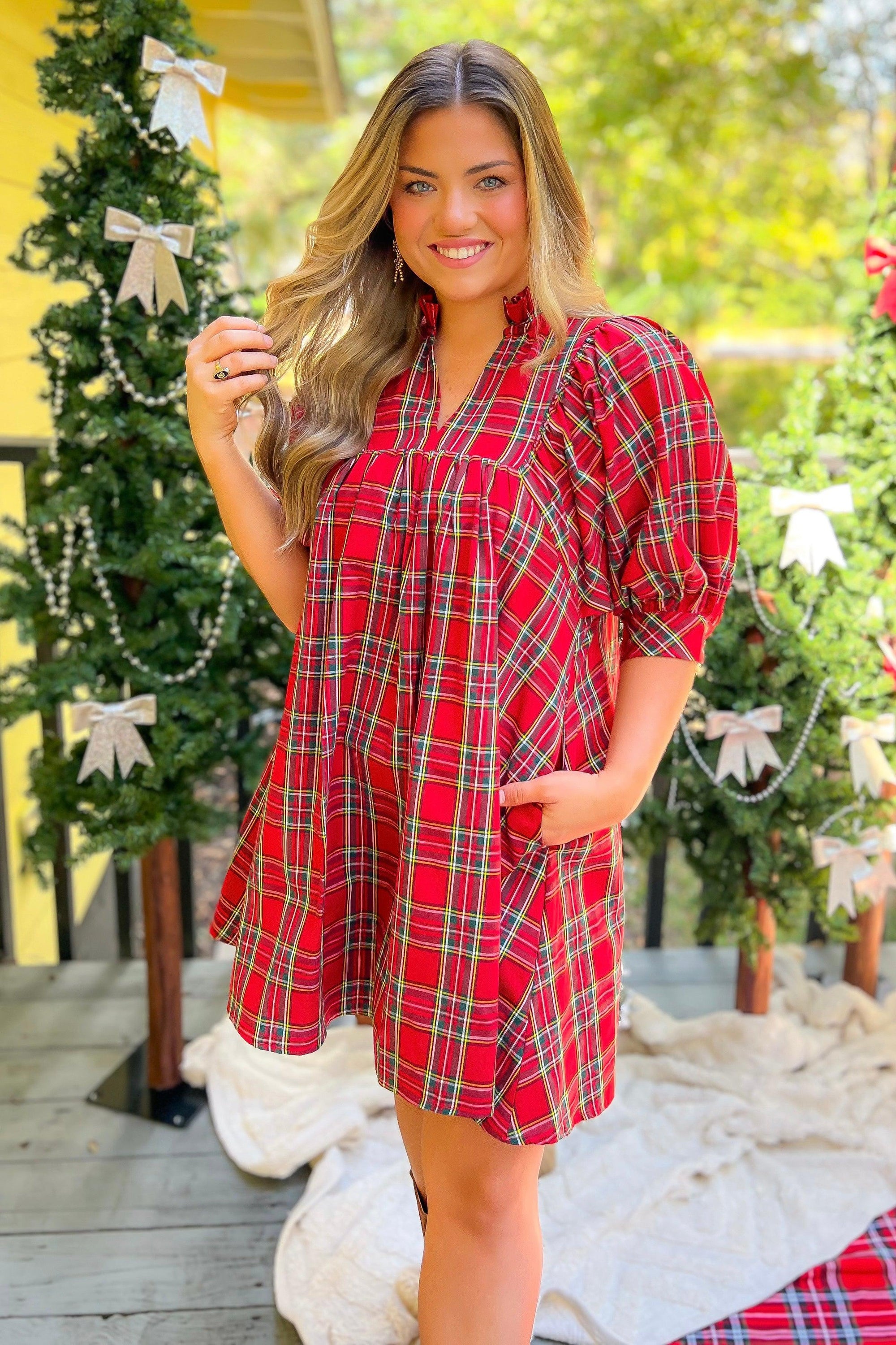 Joy To The World Red Plaid Babydoll Dress-Dresses-Entro-L. Mae Boutique & Wild Mabel Clothing