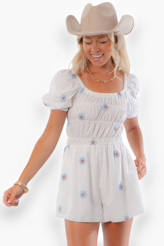 Just Daisy White Floral Scrunch Romper-BaeVely-L. Mae Boutique