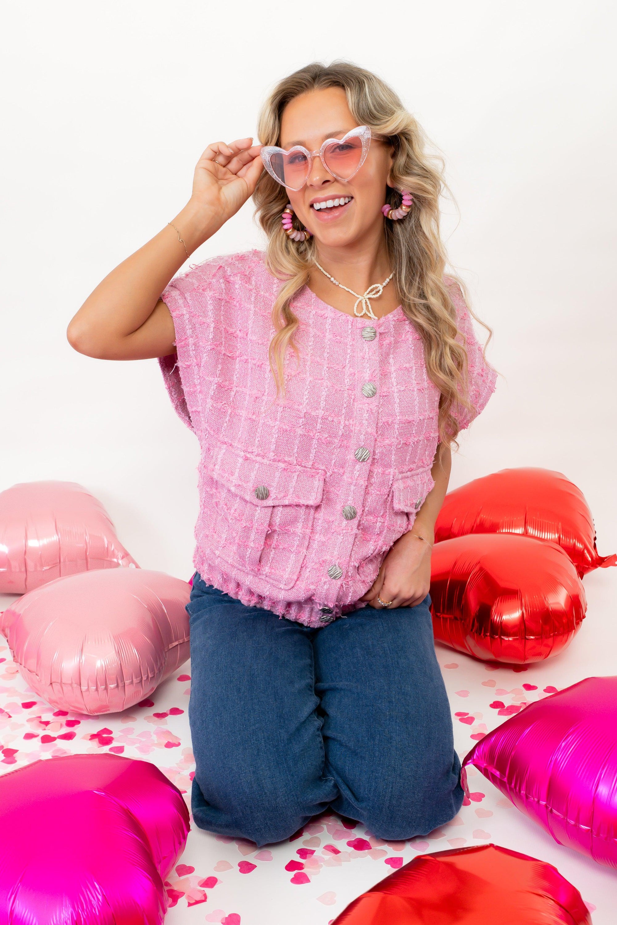 Just a Girl Pink Tweed Button Up Vest-Tops-Heyson-L. Mae Boutique & Wild Mabel Clothing