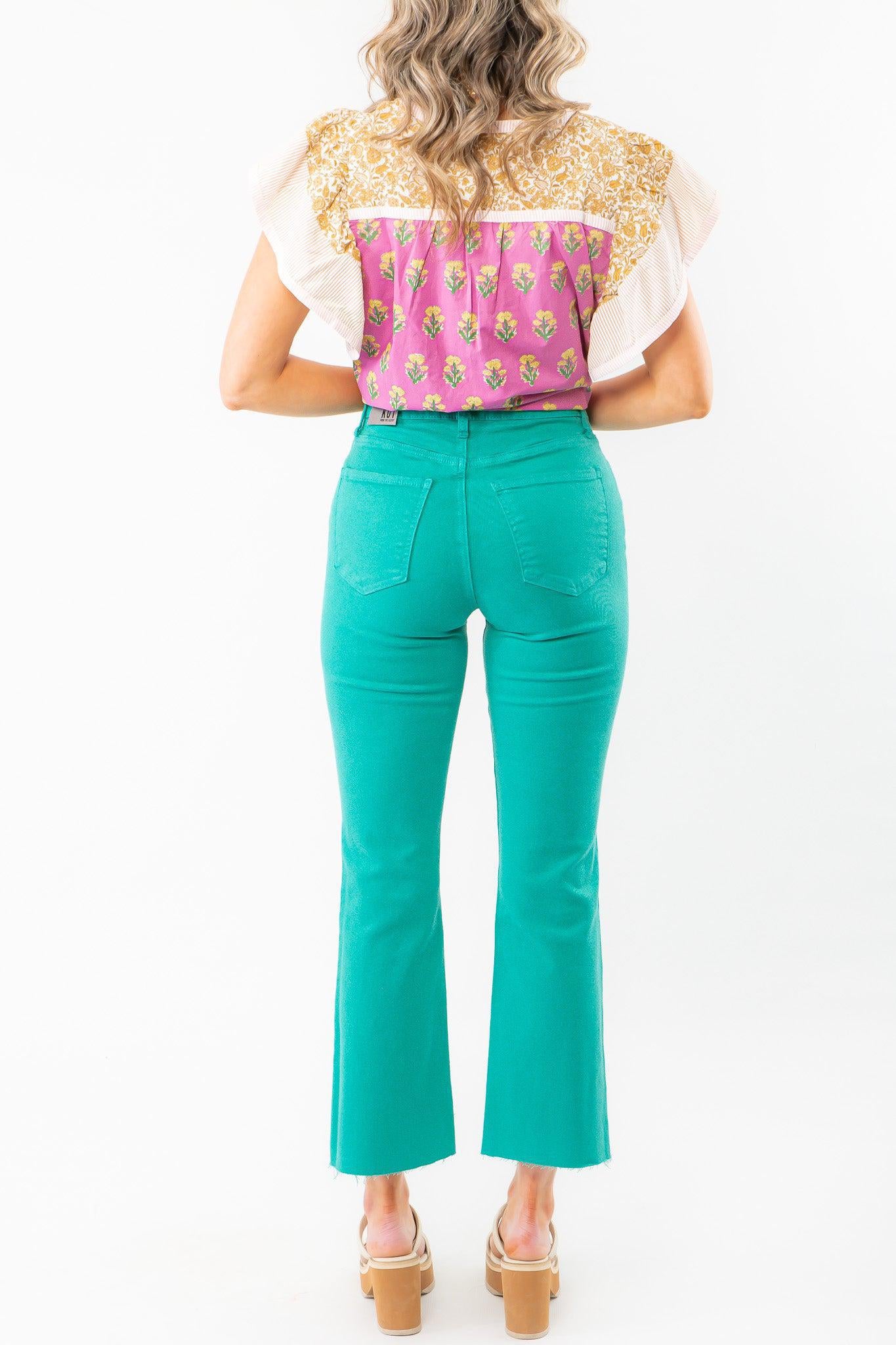 Back view of KUT Turquoise Kelsey High Rise Ankle Flare Jeans, highlighting the flattering fit, high-rise waist, and stylish ankle flare design.