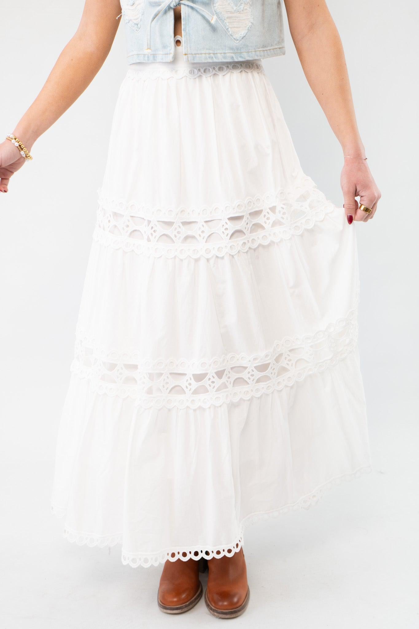 Kait Eyelet White Midi Skirt-Bottoms-Heyson-L. Mae Boutique & Wild Mabel Clothing