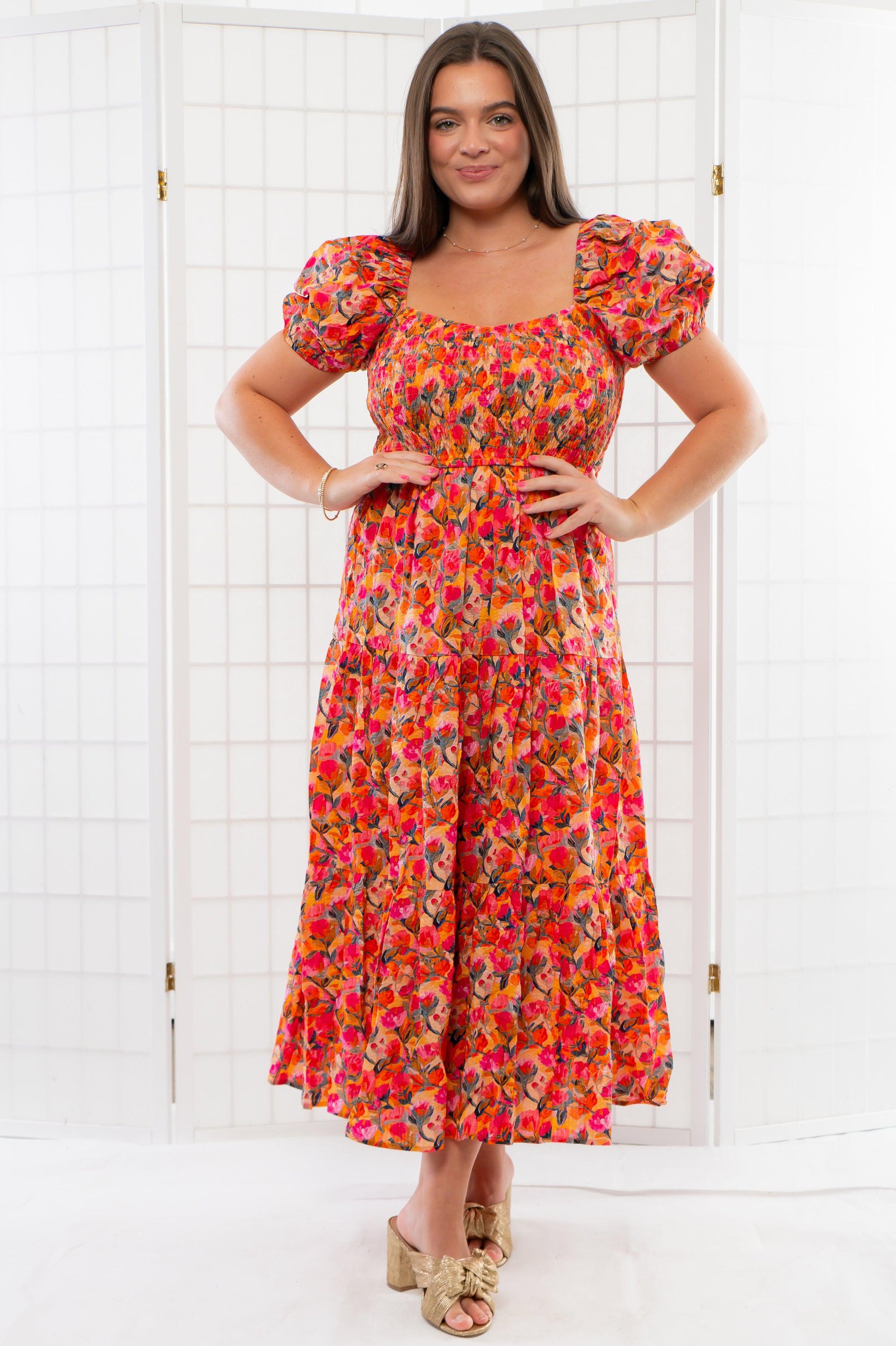 Katalina Orange &amp; Pink Floral Smocked Midi Dress-Dresses-TCEC-L. Mae Boutique &amp; Wild Mabel Clothing