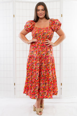 Katalina Orange & Pink Floral Smocked Midi Dress-Dresses-TCEC-L. Mae Boutique & Wild Mabel Clothing