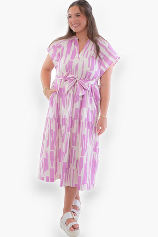 Kelly Lilac Geo Print Midi Dress-Dresses-Pinch-L. Mae Boutique & Wild Mabel Clothing