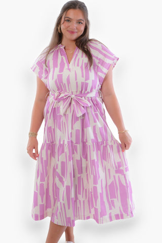 Kelly Lilac Geo Print Midi Dress-Dresses-Pinch-L. Mae Boutique & Wild Mabel Clothing