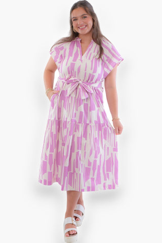 Kelly Lilac Geo Print Midi Dress-Dresses-Pinch-L. Mae Boutique & Wild Mabel Clothing