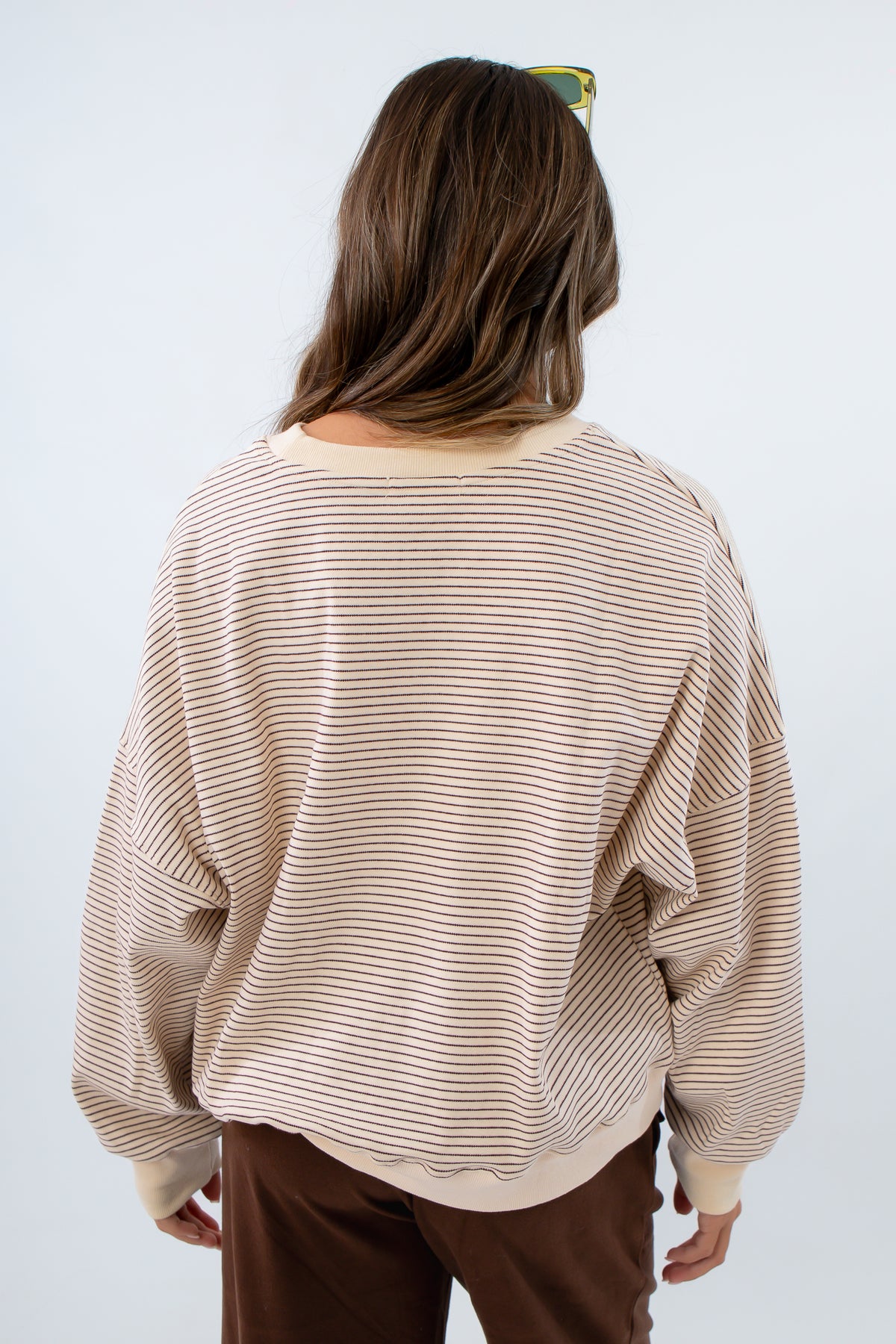 Casual cream and brown striped crewneck sweatshirt, neutral crewneck sweatshirt, neutral lightweight pullover