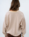 Casual cream and brown striped crewneck sweatshirt, neutral crewneck sweatshirt, neutral lightweight pullover