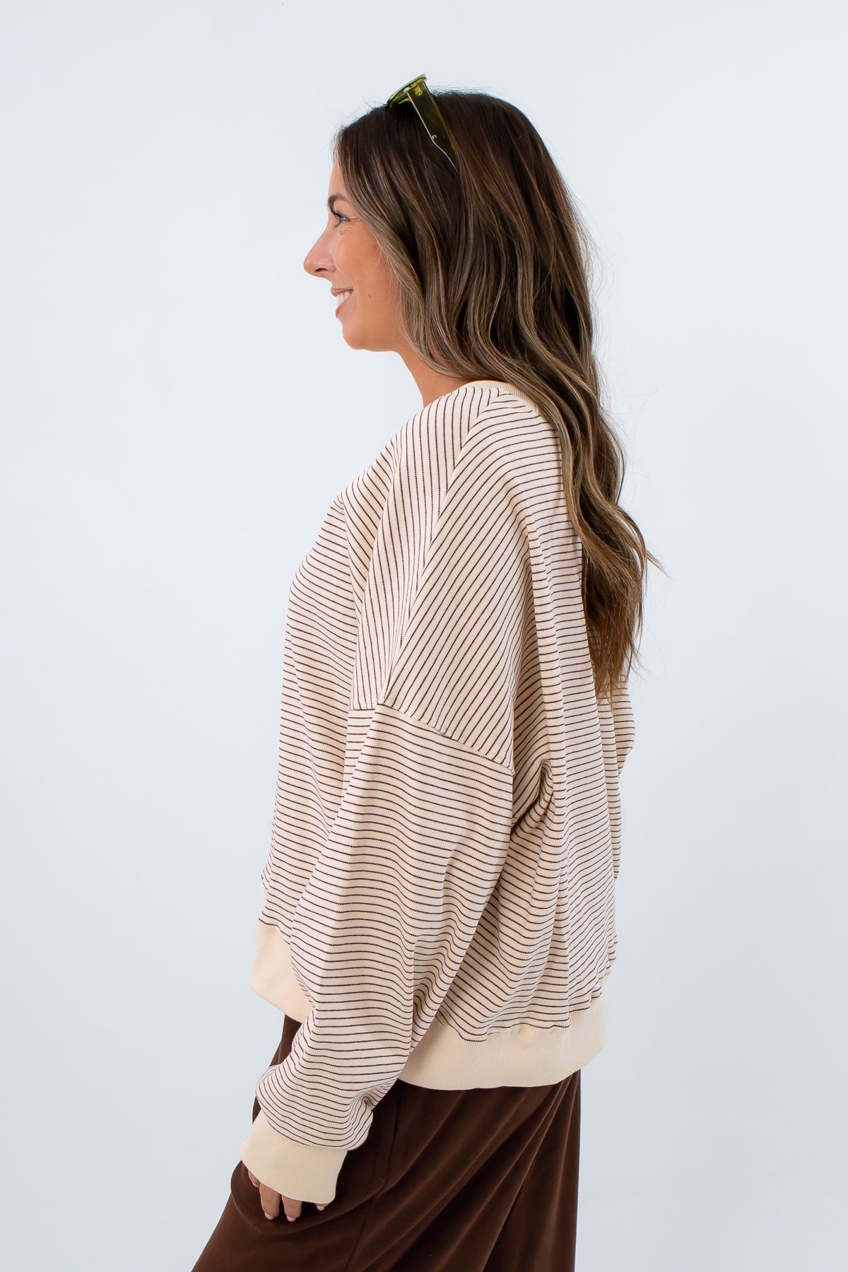 Neutral game day pullover sweatshirt with stripes, striped sweatshirt for fall, striped sweatshirt for game day