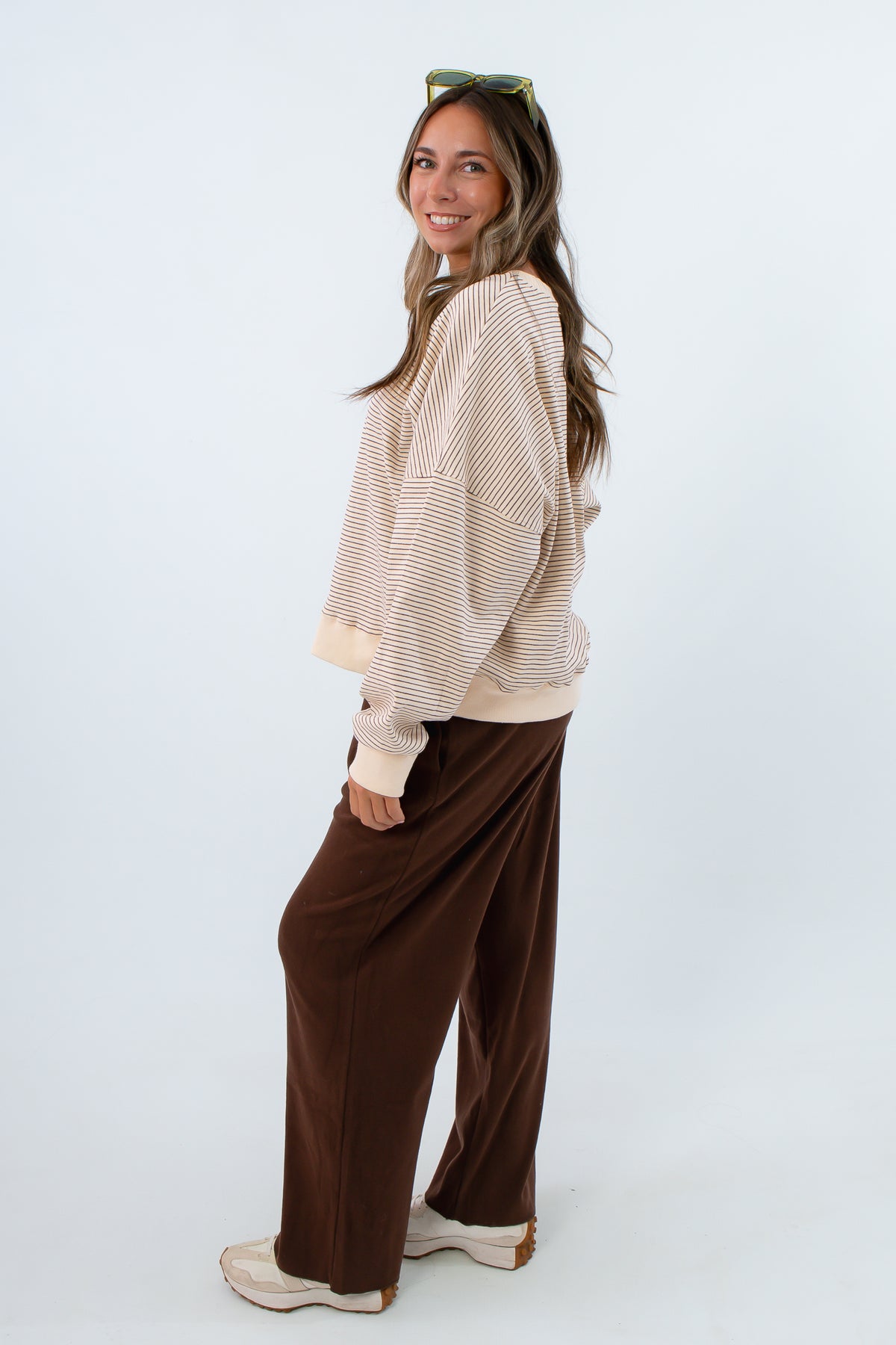 Elevated fall loungewear cream brown striped sweatshirt, brown and cream striped sweatshirt, fall loungewear