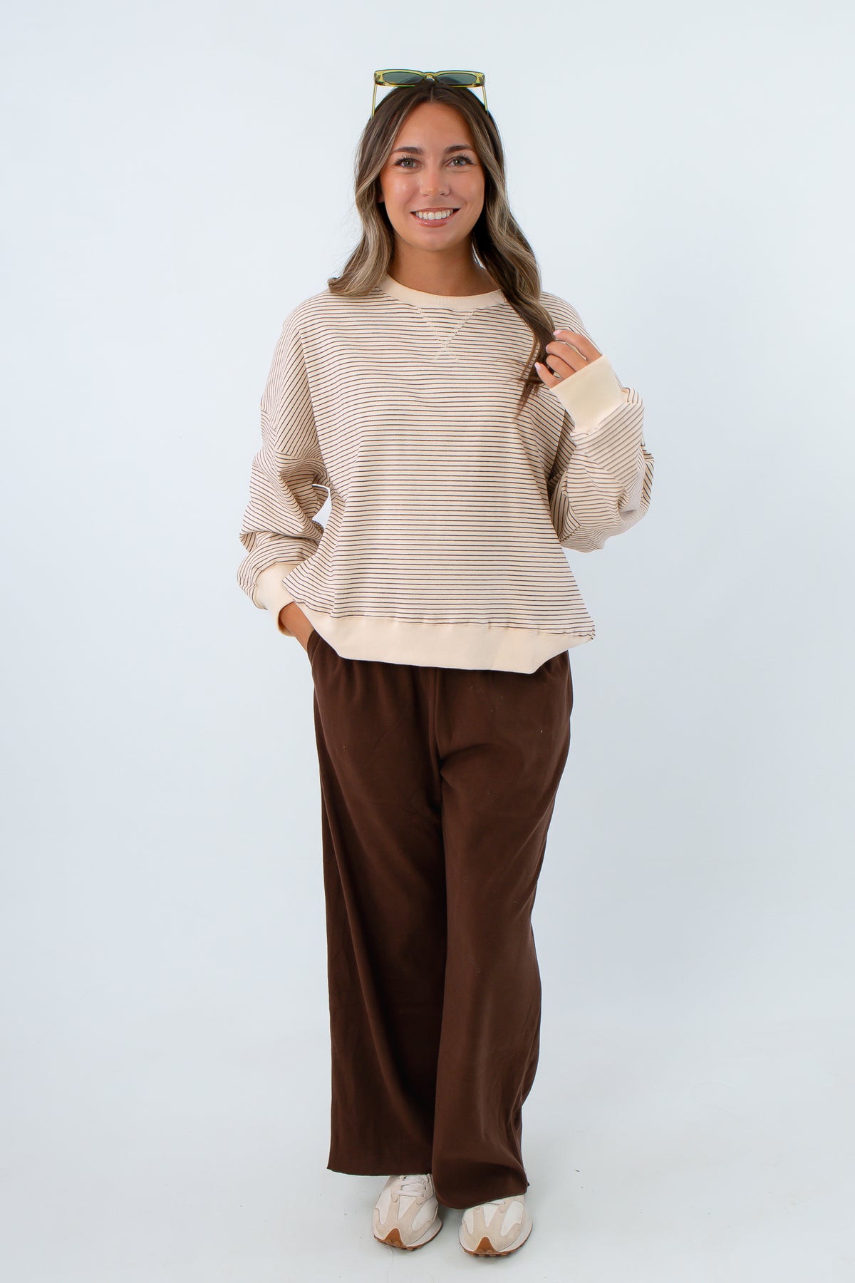 Lightweight neutral striped pullover sweatshirt for fall, neutral game day sweatshirt, brown and cream striped sweatshirt