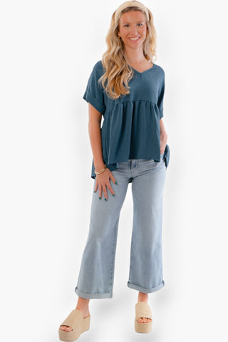 Kut Light Wash Meg Mid Rise Rolled Hem Wide Leg Jeans-Bottoms-Kut from the Kloth-L. Mae Boutique & Wild Mabel Clothing