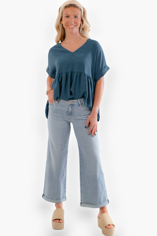 Kut Light Wash Meg Mid Rise Rolled Hem Wide Leg Jeans-Bottoms-Kut from the Kloth-L. Mae Boutique & Wild Mabel Clothing