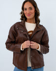 High collar brown leather jacket for fall, chocolate brown leather jacket, kut from the kloth brown leather jacket