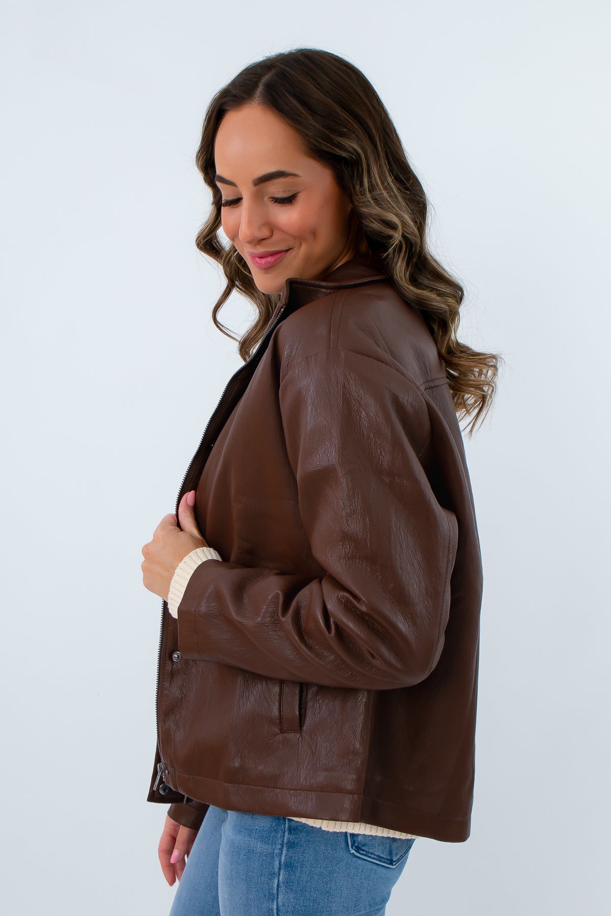 Leather jacket with hidden snap front closure, chocolate brown leather jacket, brown jacket for fall layering
