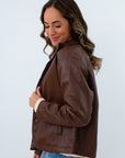 Leather jacket with hidden snap front closure, chocolate brown leather jacket, brown jacket for fall layering