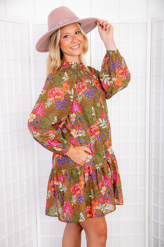 The Hayes Olive Smocked Long Sleeve Dress-J. Marie Collection-L. Mae Boutique