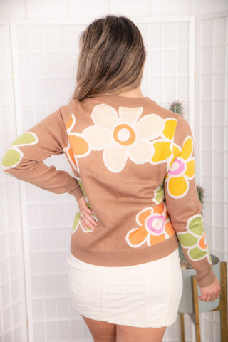 THML Brown Flower Print Knit Sweater-THML-L. Mae Boutique