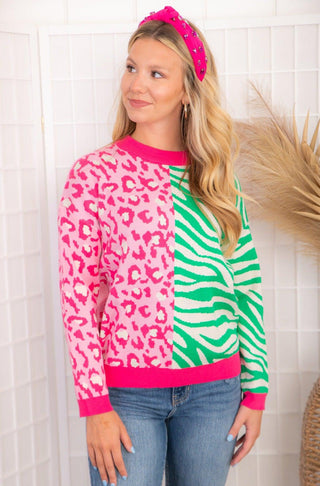 THML Too Wild Colorblock Pink and Green Sweater-THML-L. Mae Boutique