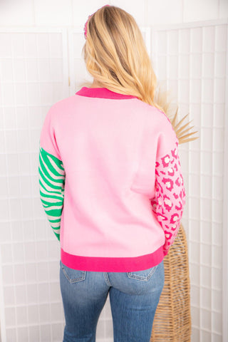 THML Too Wild Colorblock Pink and Green Sweater-THML-L. Mae Boutique