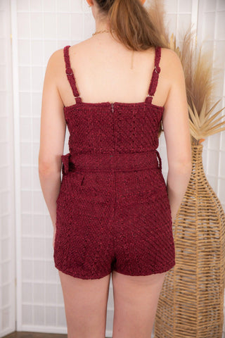 Tailgate Garnet Tweed Belted Romper-day + moon-L. Mae Boutique