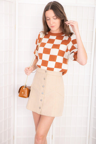 Checkerboard Camel Puff Sleeve Sweater-BaeVely-L. Mae Boutique