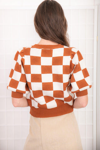 Checkerboard Camel Puff Sleeve Sweater-BaeVely-L. Mae Boutique