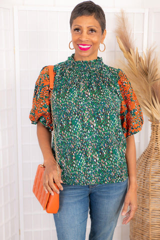 THML Say It All Green Floral Puff Sleeve Embroidered Blouse-THML-L. Mae Boutique
