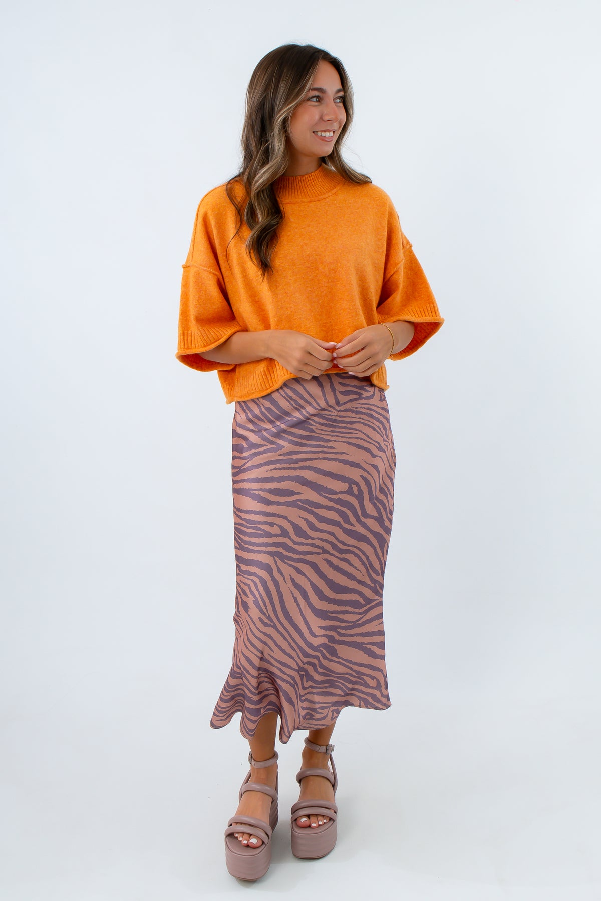 Last Call Tiger Print Satin Midi Skirt