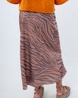 Lightweight satin midi skirt with unique tiger print for fall occasions, purple and orange satin midi skirt for clemson game day