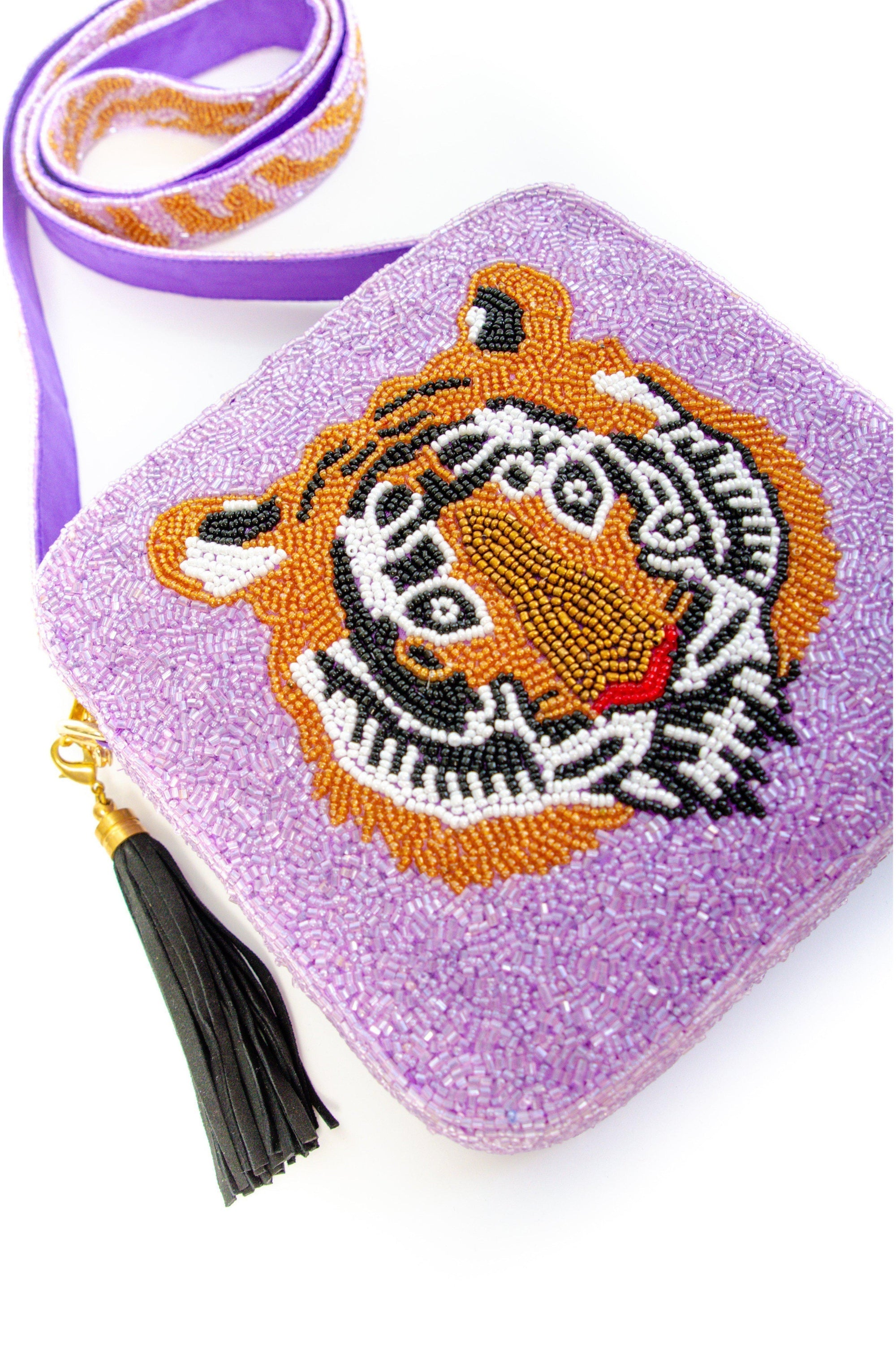 Lavender Tiger Face Beaded Bag-Accessories-Moyna-L. Mae Boutique & Wild Mabel Clothing