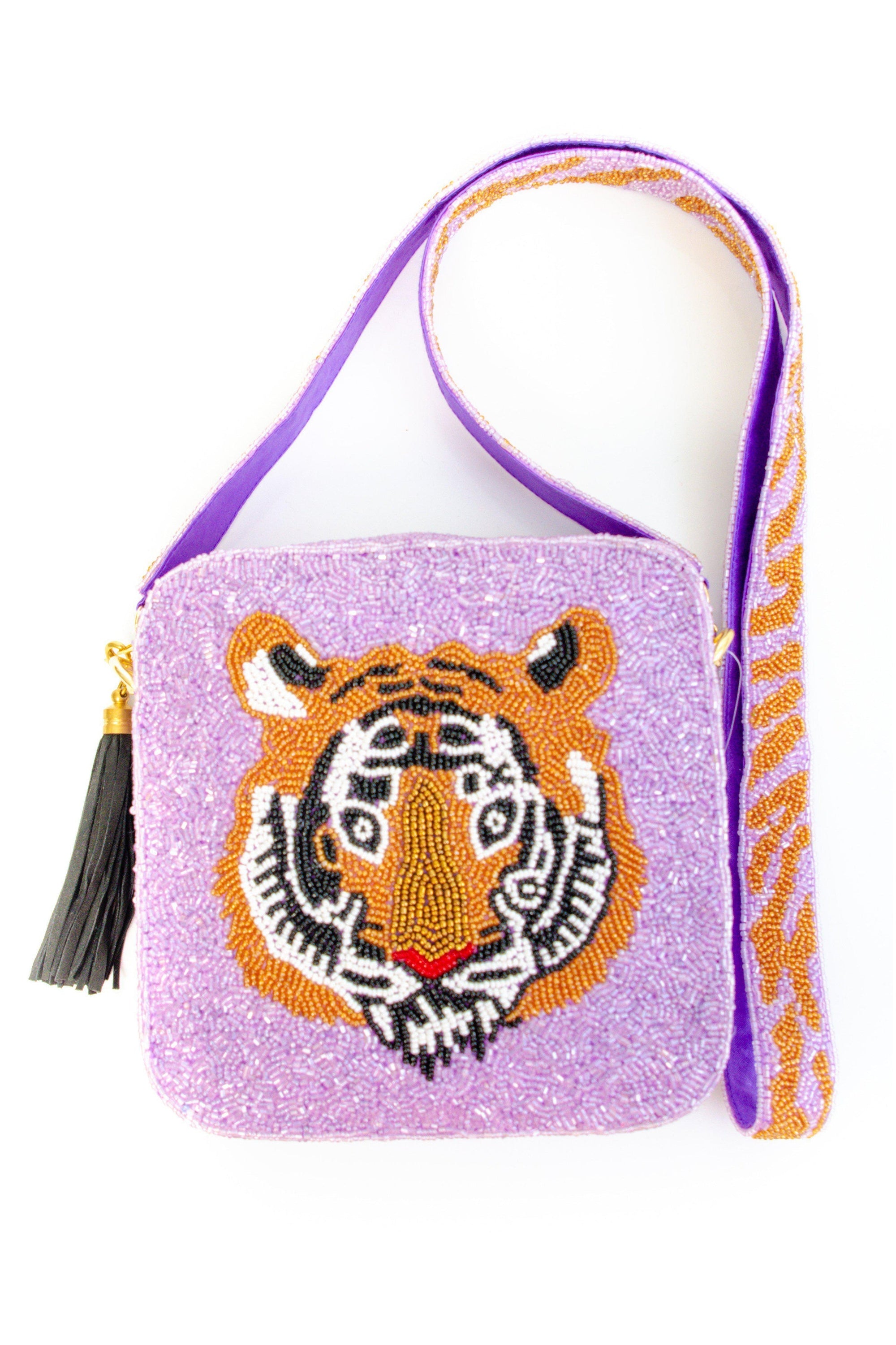 Lavender Tiger Face Beaded Bag-Accessories-Moyna-L. Mae Boutique & Wild Mabel Clothing