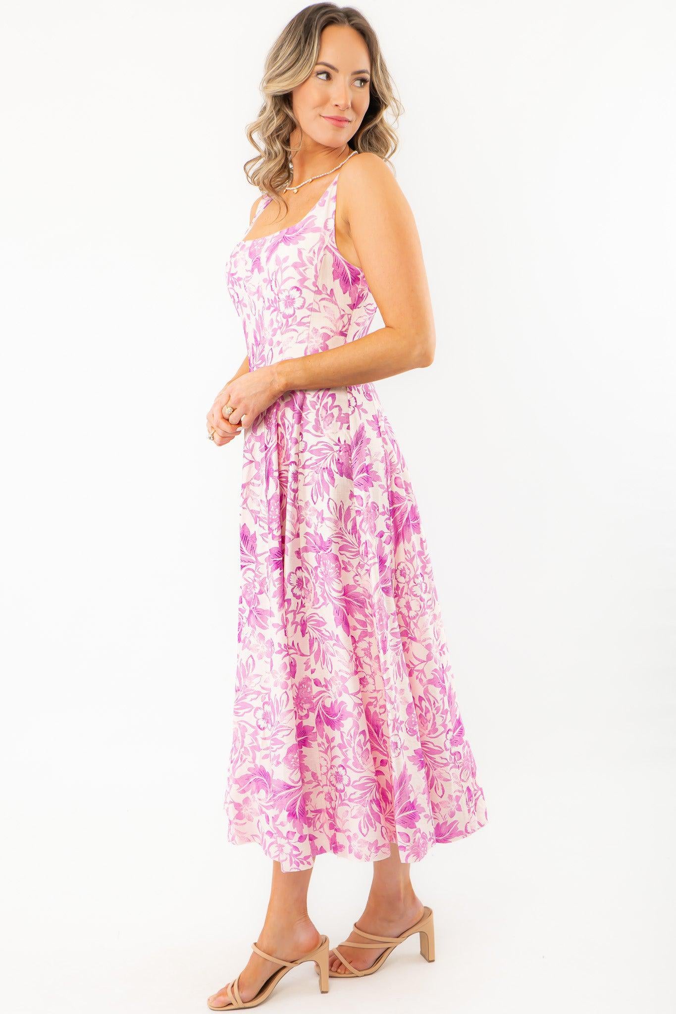 Layton Blush Tropical Print Midi Dress-Dresses-En Crème-L. Mae Boutique &amp; Wild Mabel Clothing