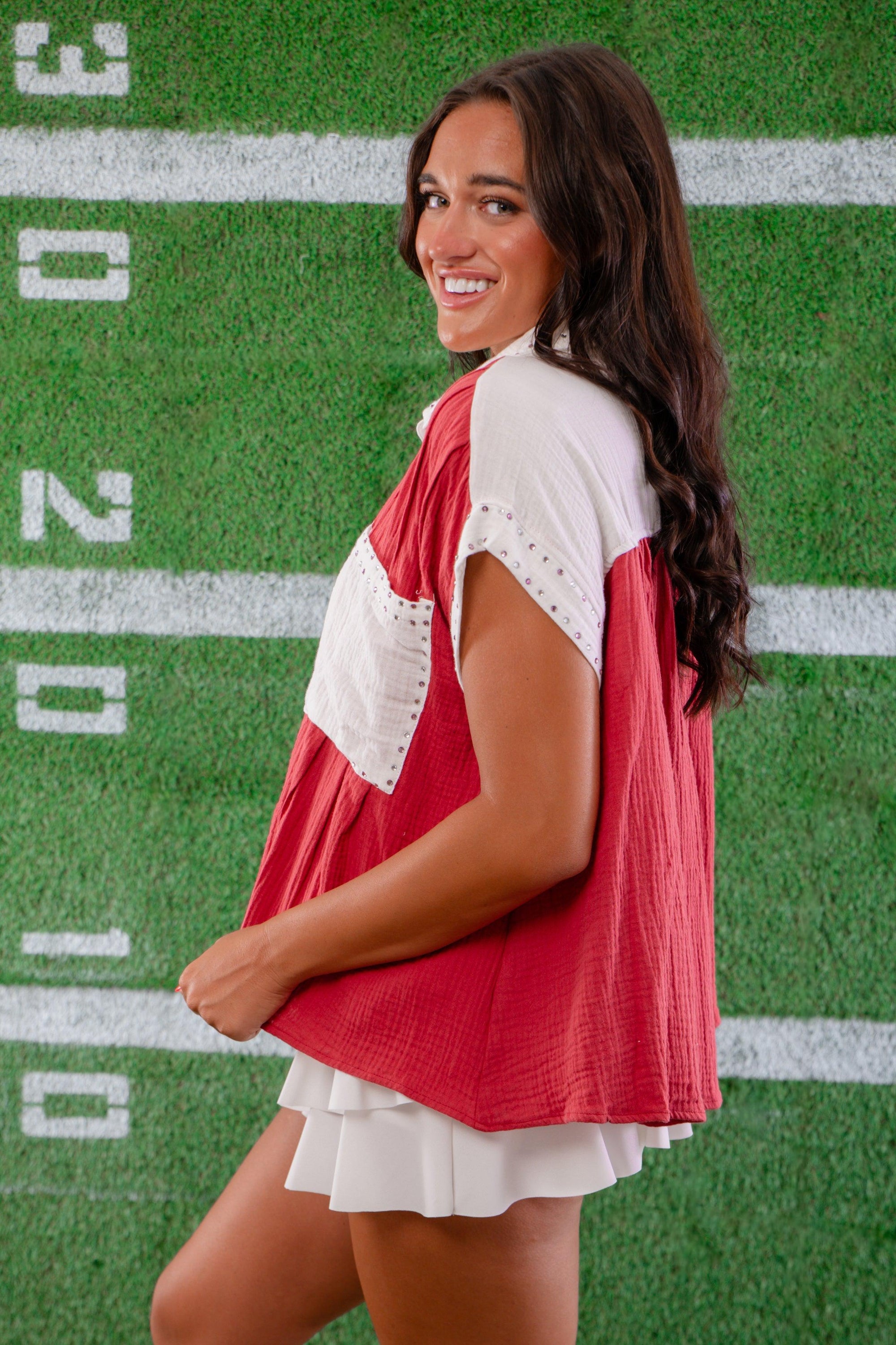 Leave It To Me Crimson &amp; White Colorblock Button Down Shirt-Tops-Peach Love California-L. Mae Boutique &amp; Wild Mabel Clothing