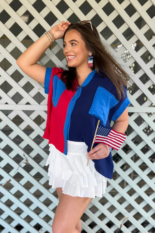 Leave It To Me Red & Blue Colorblock Button Down Shirt-Peach Love California-L. Mae Boutique