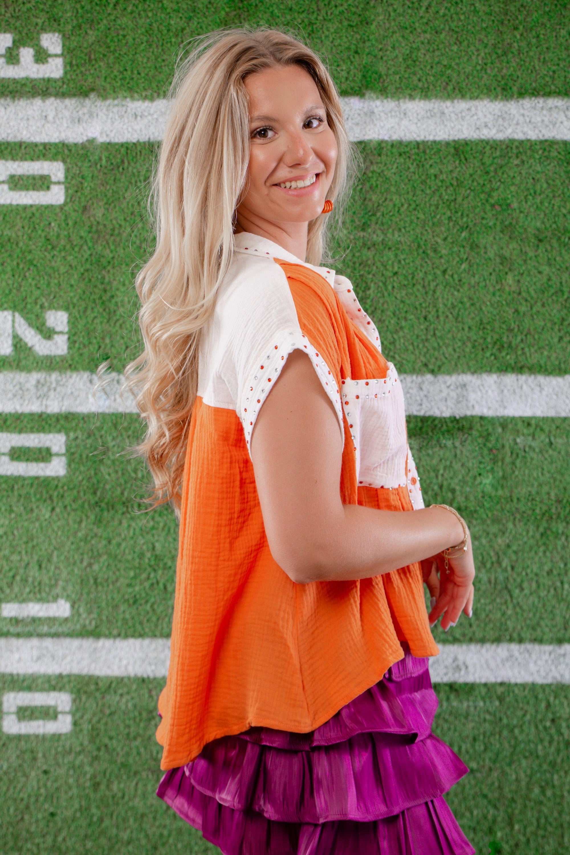 Leave it to Me Orange and White Colorblock Button Down Shirt-Tops-Peach Love California-L. Mae Boutique &amp; Wild Mabel Clothing