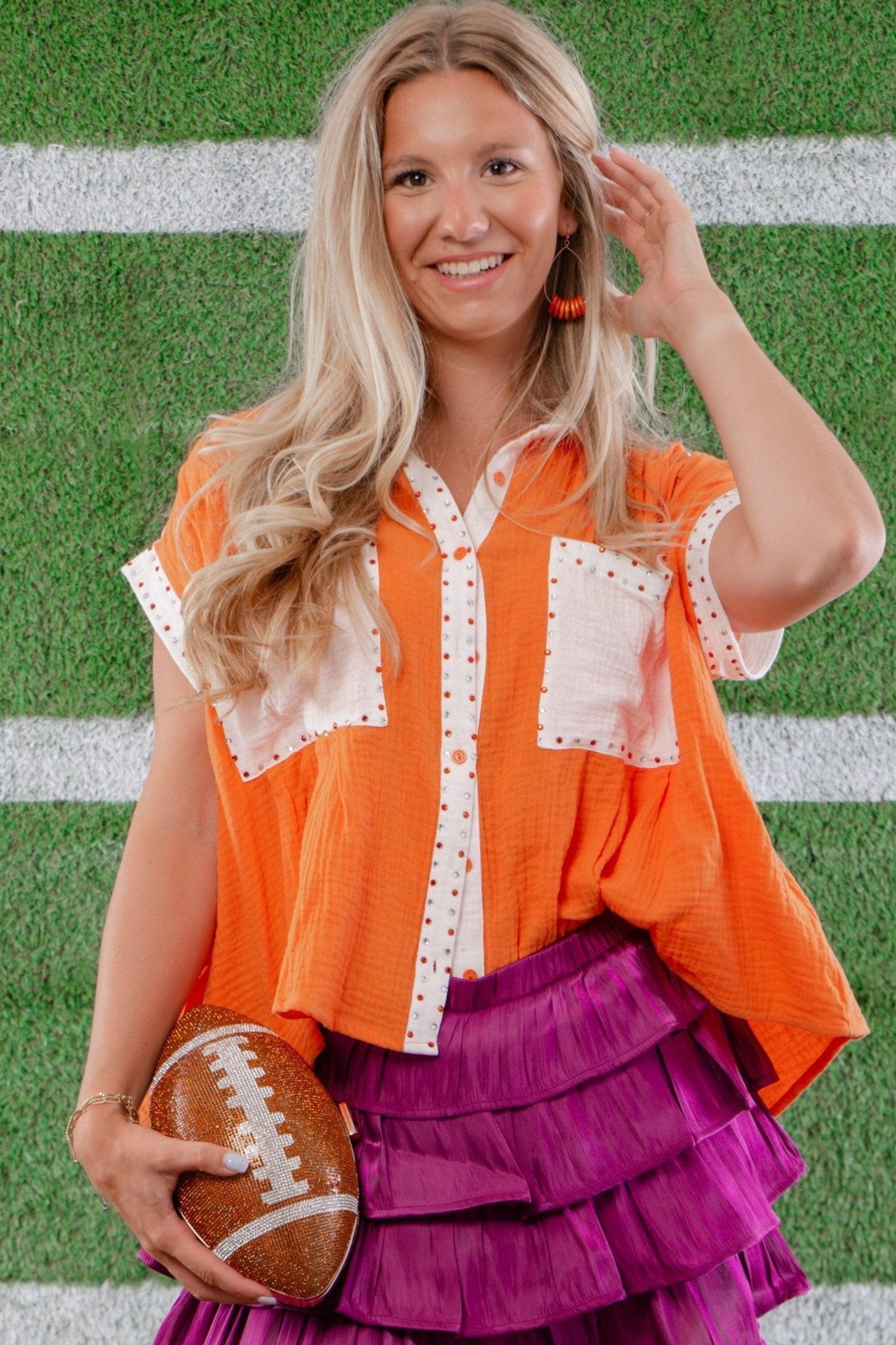 Leave it to Me Orange and White Colorblock Button Down Shirt-Tops-Peach Love California-L. Mae Boutique & Wild Mabel Clothing