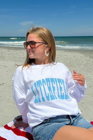 Litchfield Blue & White Corded Crewneck-Tops-Chicka-D-L. Mae Boutique & Wild Mabel Clothing