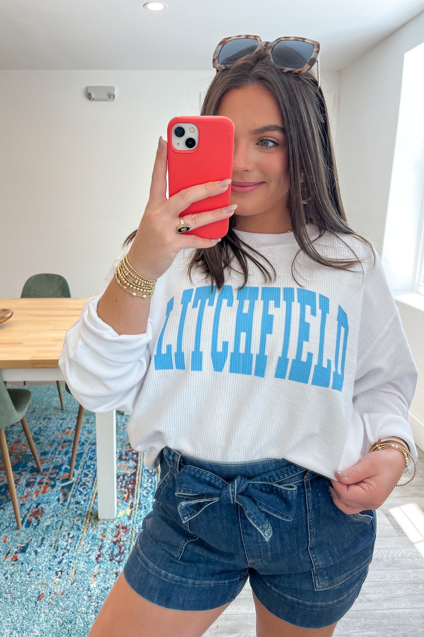 Litchfield Blue & White Corded Crewneck-Tops-Chicka-D-L. Mae Boutique & Wild Mabel Clothing