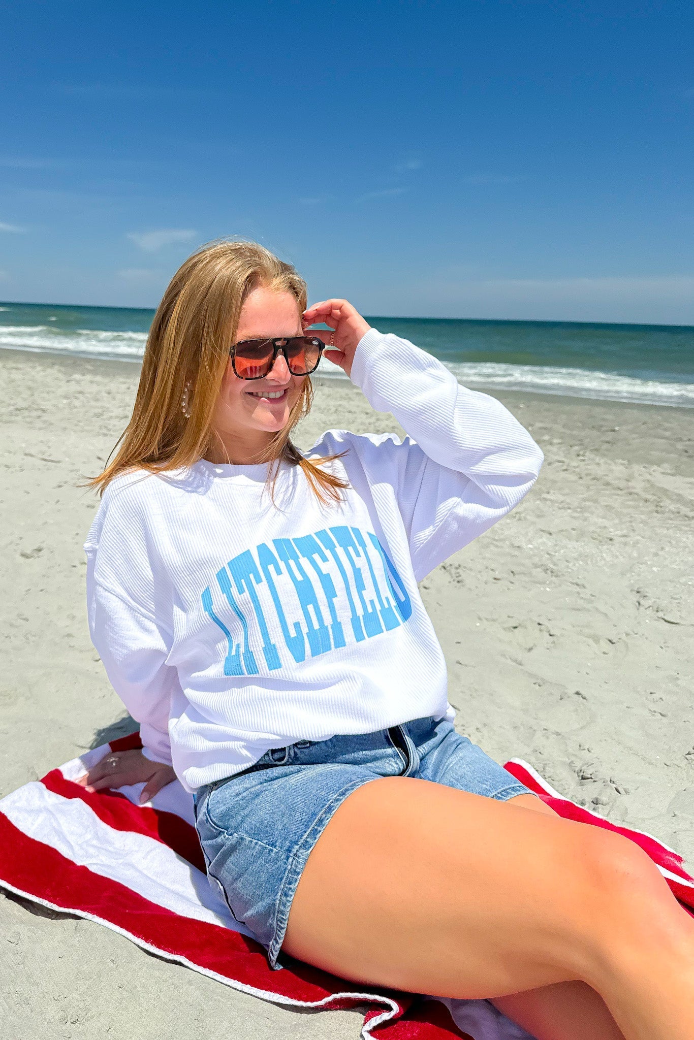 Litchfield Blue & White Corded Crewneck-Tops-Chicka-D-L. Mae Boutique & Wild Mabel Clothing