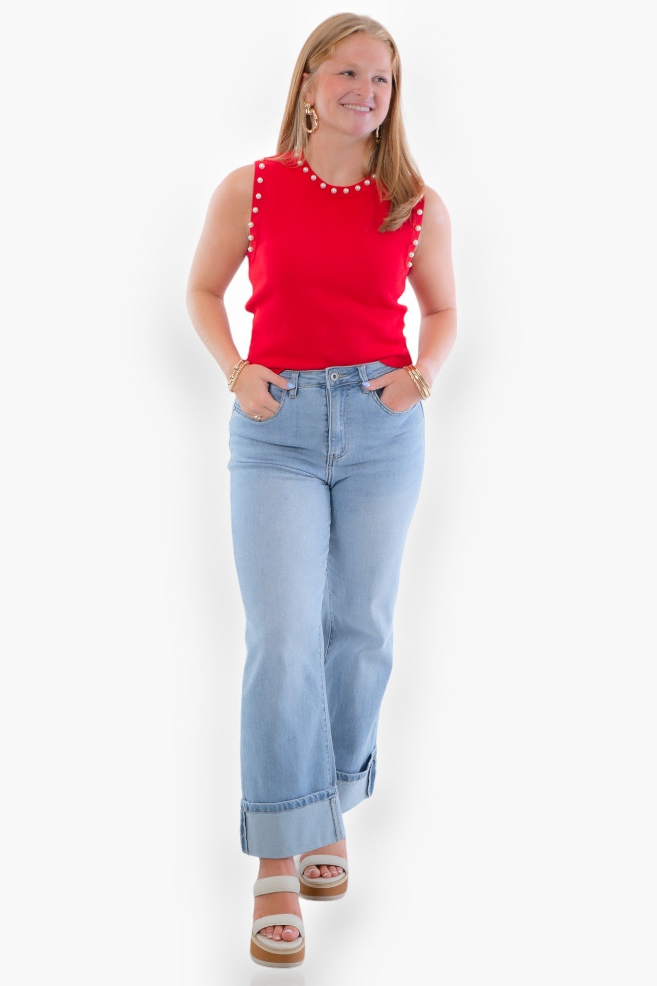 Liz Red Pearl Trim Knit Tank-Tops-Entro-L. Mae Boutique &amp; Wild Mabel Clothing