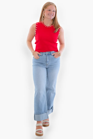 Liz Red Pearl Trim Knit Tank-Tops-Entro-L. Mae Boutique & Wild Mabel Clothing