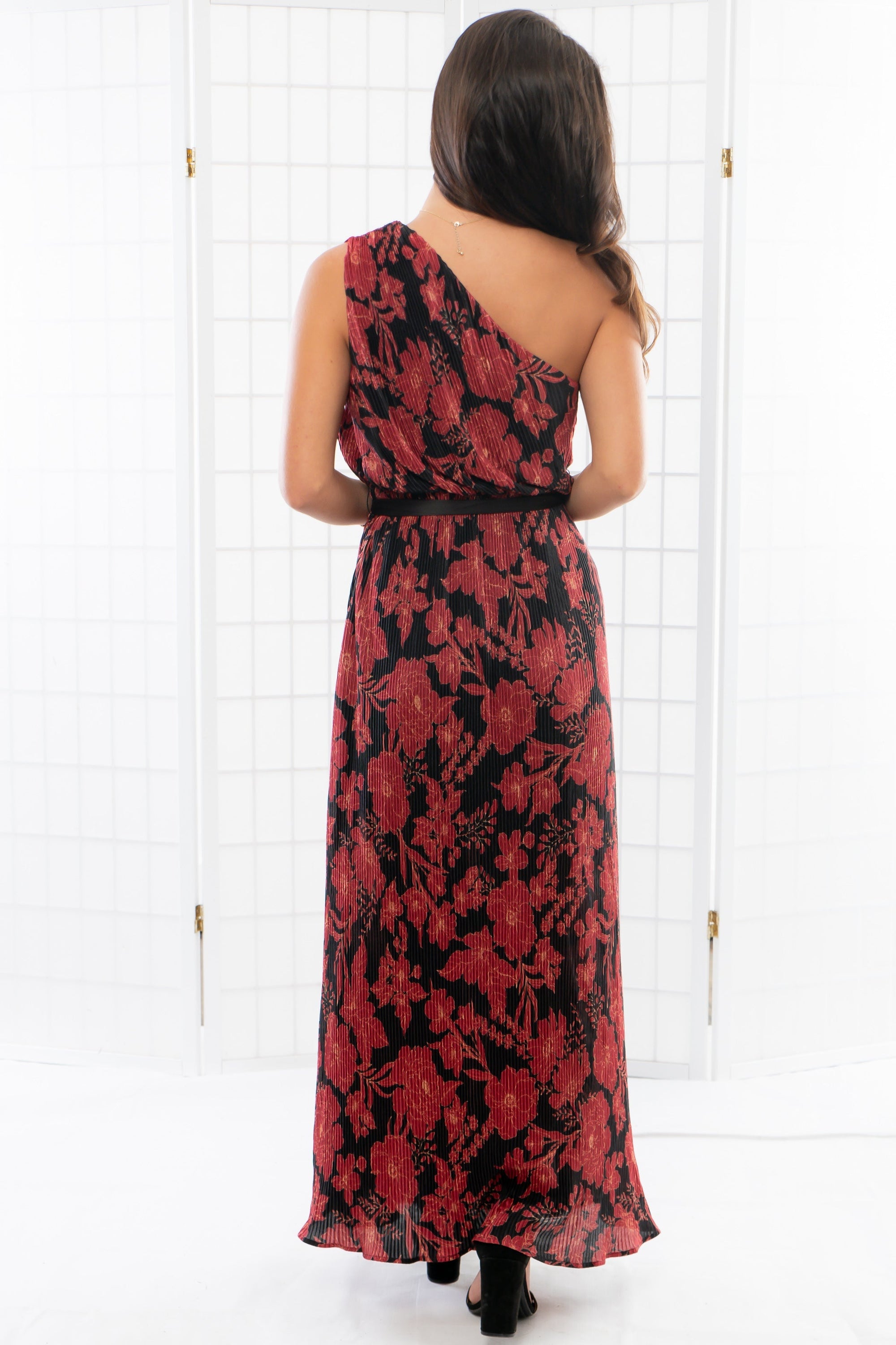 Love Affair One Shoulder Floral Red Midi Dress-Dresses-En Creme-L. Mae Boutique &amp; Wild Mabel Clothing