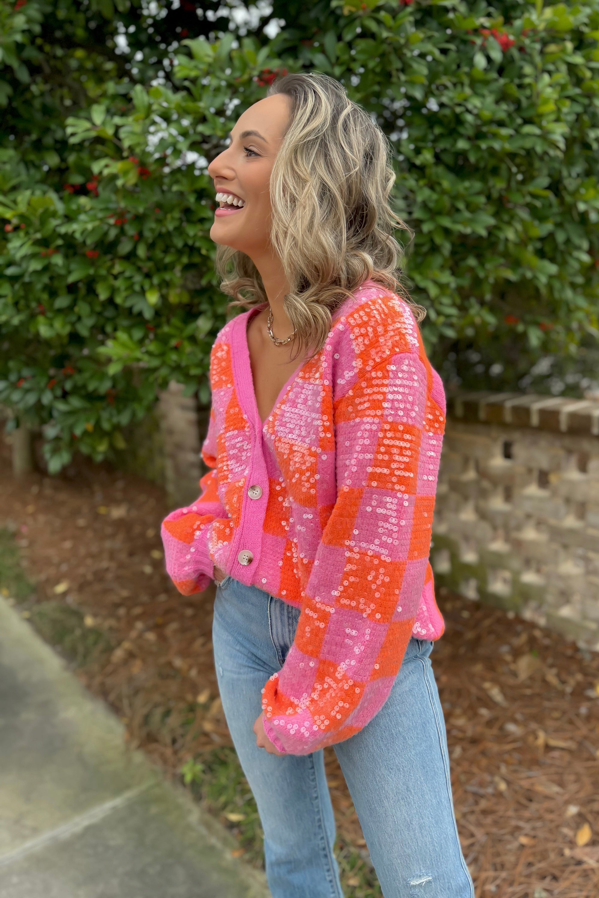 Love and Lux Orange &amp; Pink Sequin Cardigan-Tops-BiBi-L. Mae Boutique &amp; Wild Mabel Clothing