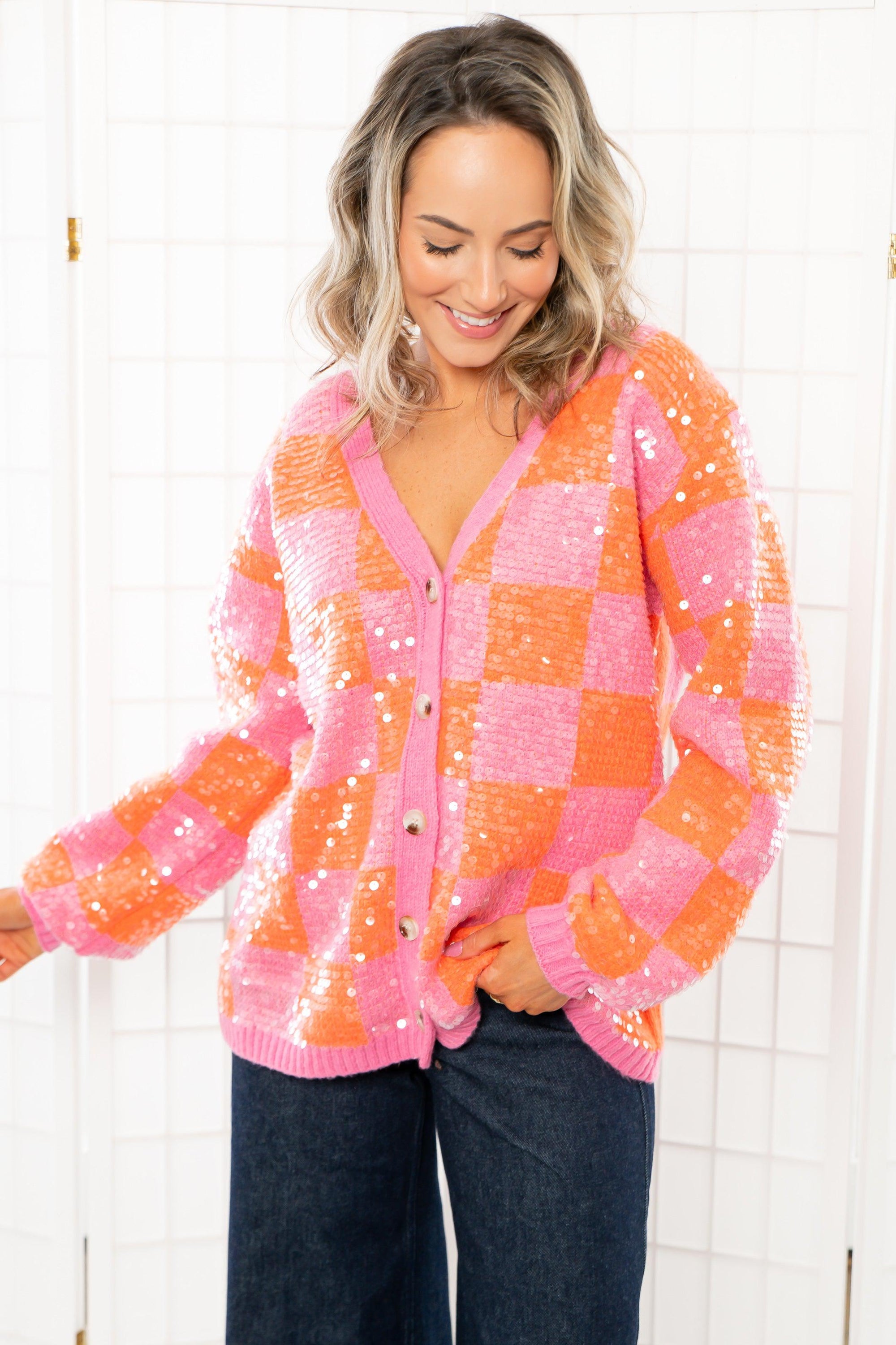 Love and Lux Orange & Pink Sequin Cardigan-Tops-BiBi-L. Mae Boutique & Wild Mabel Clothing