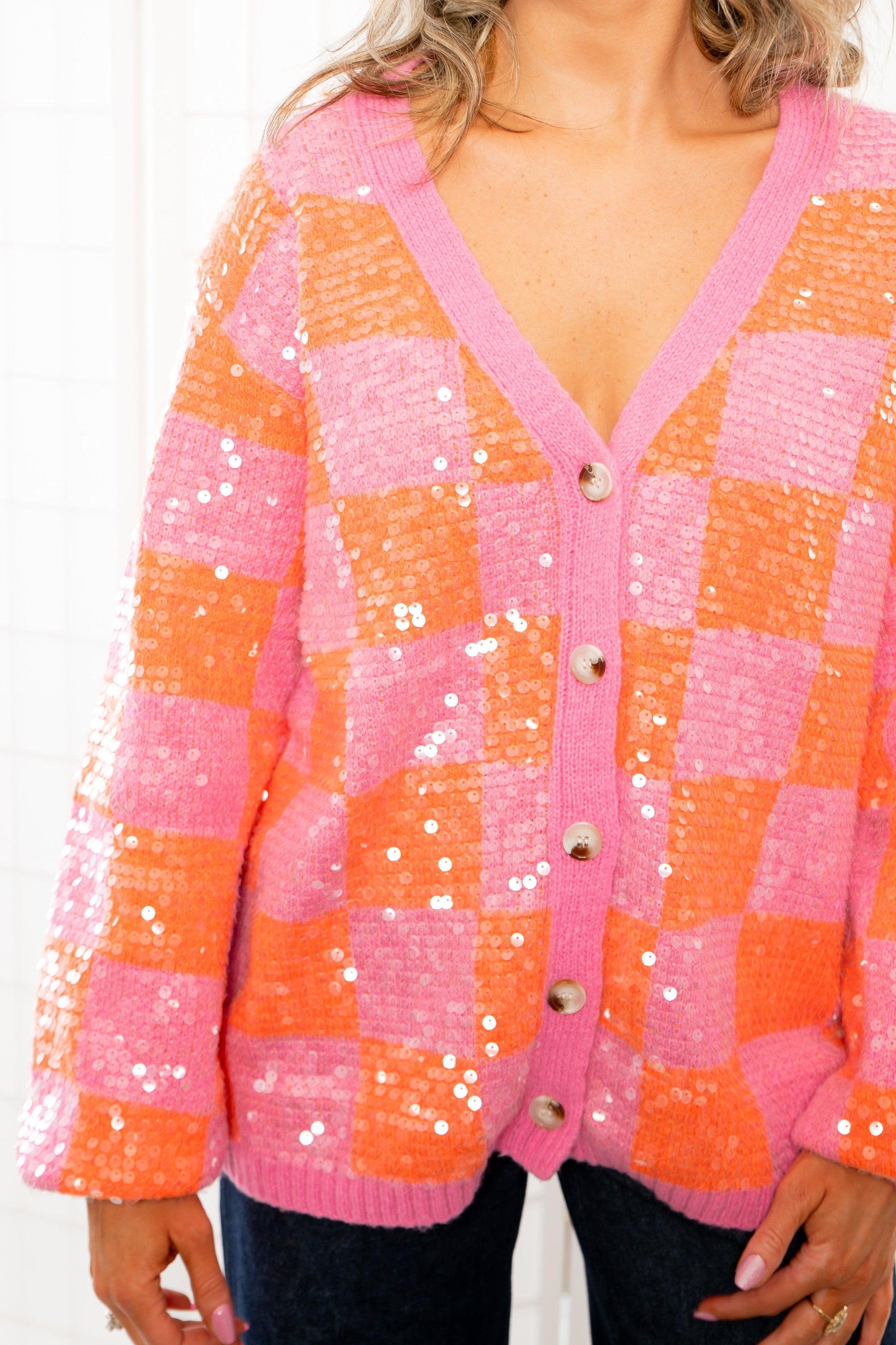 Love and Lux Orange &amp; Pink Sequin Cardigan-Tops-BiBi-L. Mae Boutique &amp; Wild Mabel Clothing