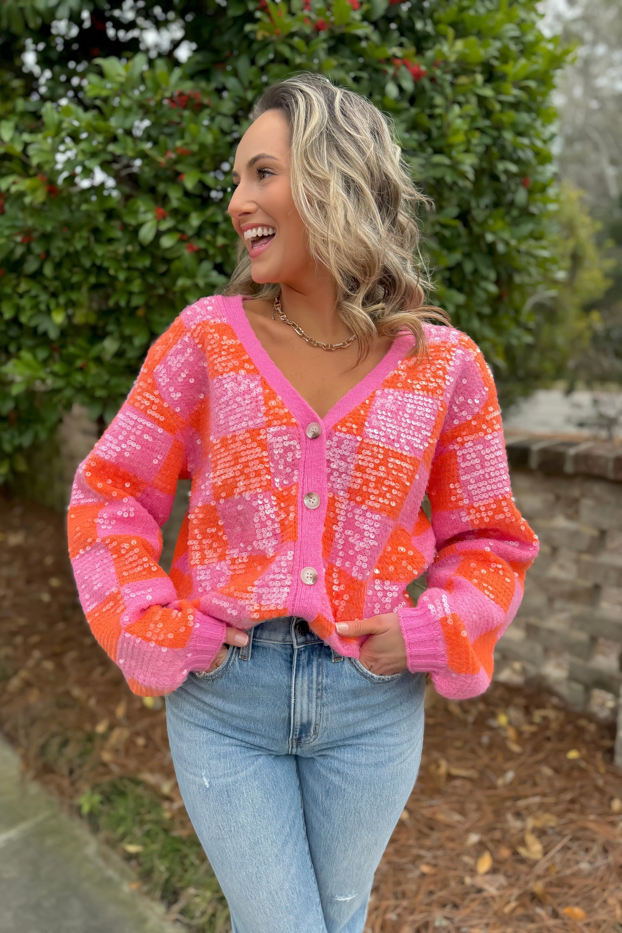 Love and Lux Orange &amp; Pink Sequin Cardigan-Tops-BiBi-L. Mae Boutique &amp; Wild Mabel Clothing